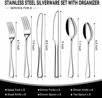49PCS Silverware Set with Organizer, Stainless Steel Flatware Drawer Cutlery Set for 8, Kitchen Utensils with Steak Knives Mirror Polished Dinner Knife Forks Spoons Tableware Service Tray