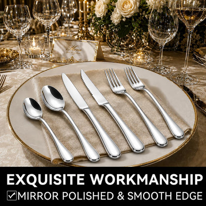 49PCS Silverware Set with Organizer, Stainless Steel Flatware Drawer Cutlery Set for 8, Kitchen Utensils with Steak Knives Mirror Polished Dinner Knife Forks Spoons Tableware Service Tray