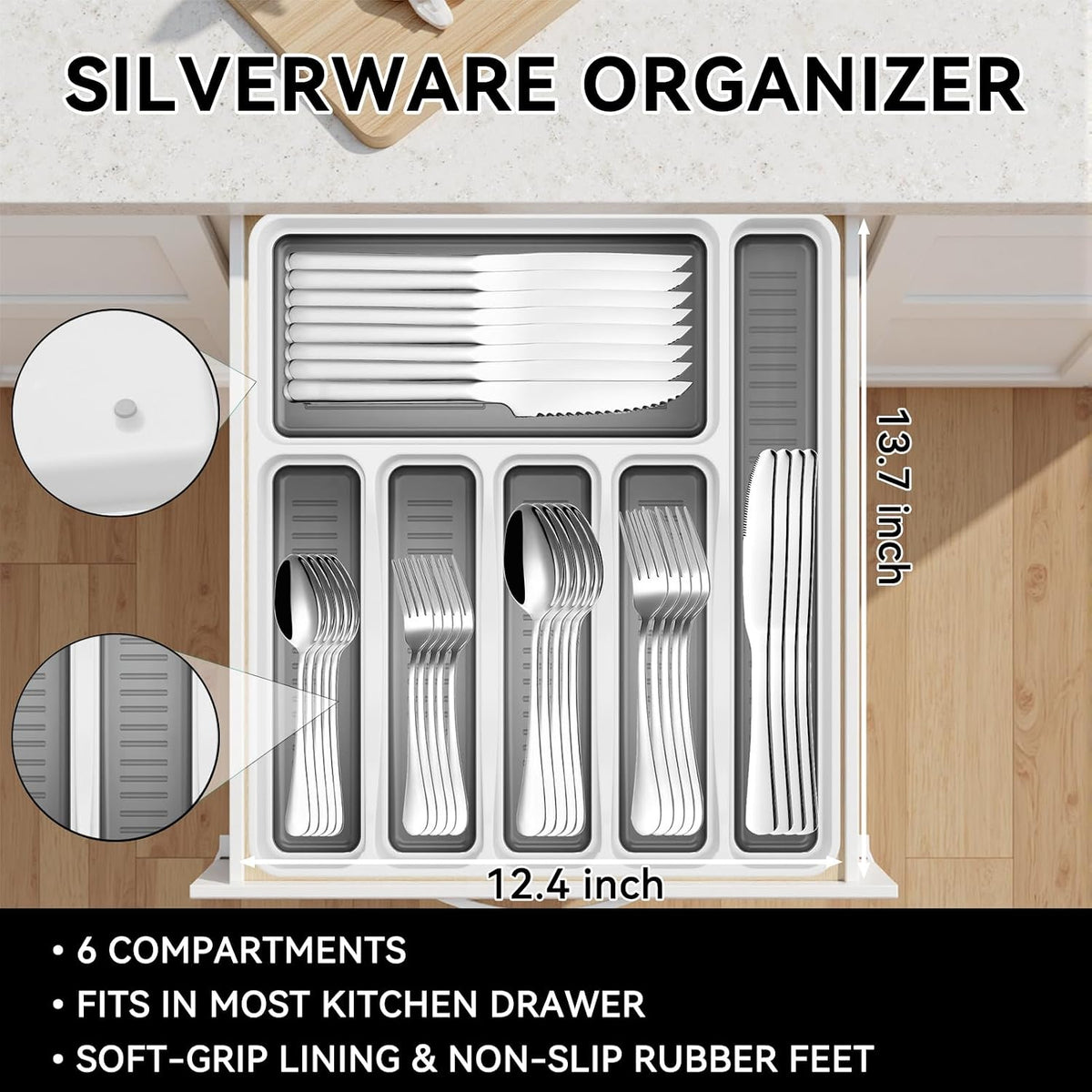 49PCS Silverware Set with Organizer, Stainless Steel Flatware Drawer Cutlery Set for 8, Kitchen Utensils with Steak Knives Mirror Polished Dinner Knife Forks Spoons Tableware Service Tray