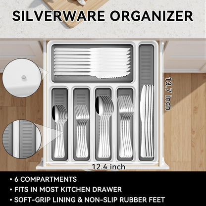 49PCS Silverware Set with Organizer, Stainless Steel Flatware Drawer Cutlery Set for 8, Kitchen Utensils with Steak Knives Mirror Polished Dinner Knife Forks Spoons Tableware Service Tray