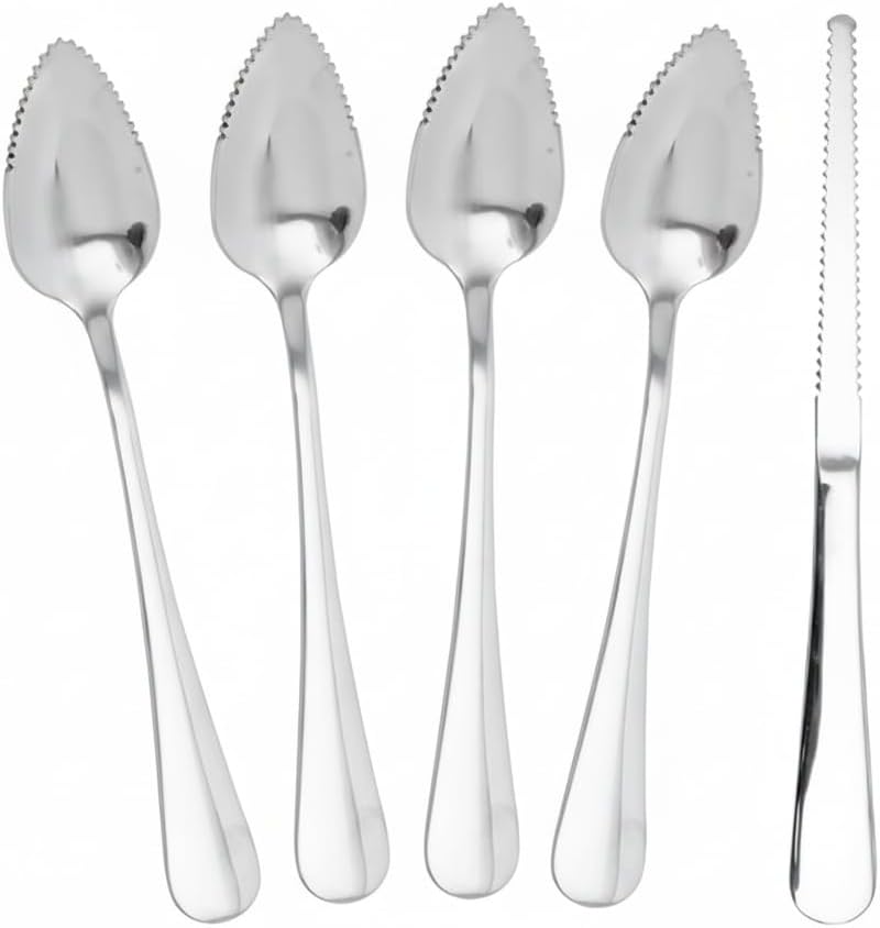 5Pcs Stainless Steel Grapefruit Spoons Set with Serrated Edge (4 Spoons + 1 Knife) - Silver Kitchen Utensils for Citrus, Kiwi, Lemon, Melon, Fruit Puree
