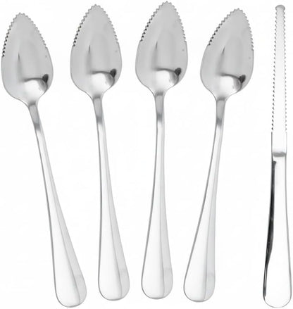 5Pcs Stainless Steel Grapefruit Spoons Set with Serrated Edge (4 Spoons + 1 Knife) - Silver Kitchen Utensils for Citrus, Kiwi, Lemon, Melon, Fruit Puree