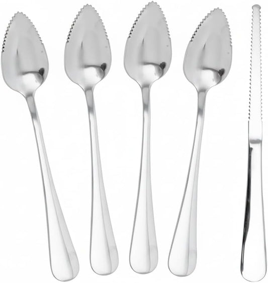 5Pcs Stainless Steel Grapefruit Spoons Set with Serrated Edge (4 Spoons + 1 Knife) - Silver Kitchen Utensils for Citrus, Kiwi, Lemon, Melon, Fruit Puree