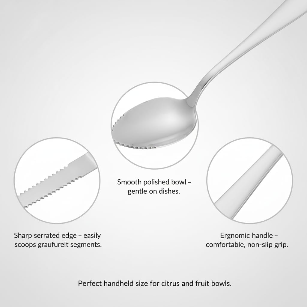 5Pcs Stainless Steel Grapefruit Spoons Set with Serrated Edge (4 Spoons + 1 Knife) - Silver Kitchen Utensils for Citrus, Kiwi, Lemon, Melon, Fruit Puree