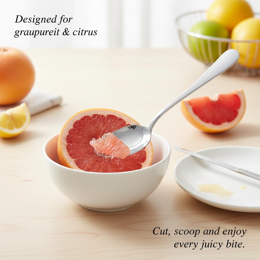 5Pcs Stainless Steel Grapefruit Spoons Set with Serrated Edge (4 Spoons + 1 Knife) - Silver Kitchen Utensils for Citrus, Kiwi, Lemon, Melon, Fruit Puree