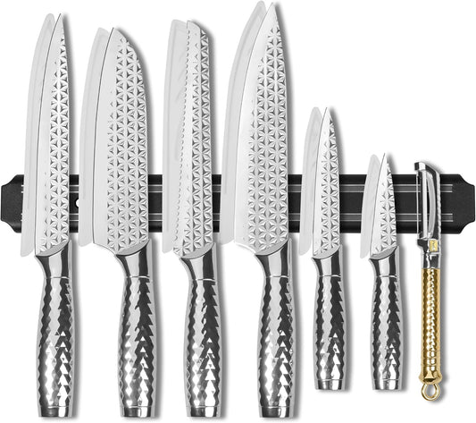 Kitchen Knife Set 14 Pcs with Magnet Holder, Strong Magnetic Knife Strip for Wall, Knives Block Set with Sheath, Chef Knives and Santoku Knives, Stainless Steel Blade, Dishwasher Safe -Silver