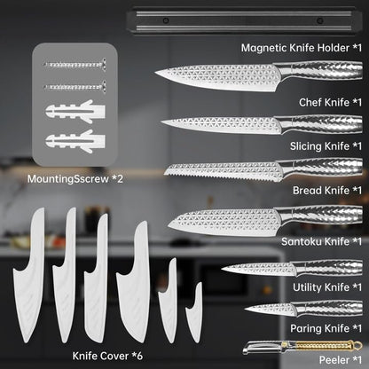 Kitchen Knife Set 14 Pcs with Magnet Holder, Strong Magnetic Knife Strip for Wall, Knives Block Set with Sheath, Chef Knives and Santoku Knives, Stainless Steel Blade, Dishwasher Safe -Silver