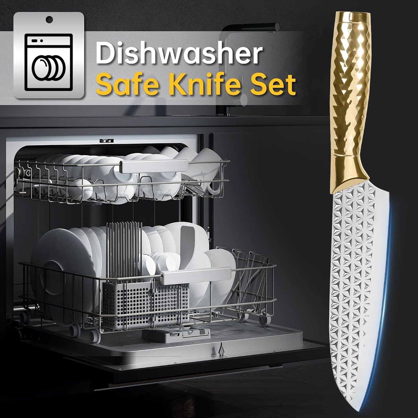Kitchen Knife Set 14 Pcs with Magnet Holder, Strong Magnetic Knife Strip for Wall, Knives Block Set with Sheath, Chef Knives and Santoku Knives, Stainless Steel Blade, Dishwasher Safe -Silver
