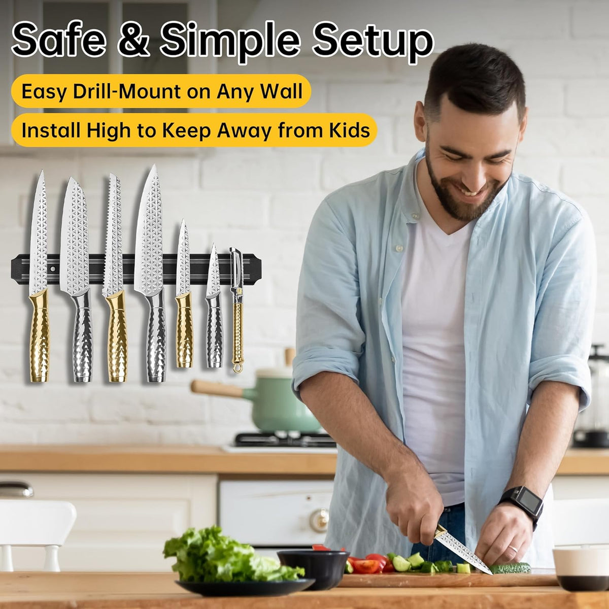 Kitchen Knife Set 14 Pcs with Magnet Holder, Strong Magnetic Knife Strip for Wall, Knives Block Set with Sheath, Chef Knives and Santoku Knives, Stainless Steel Blade, Dishwasher Safe -Silver