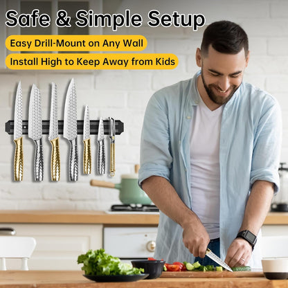 Kitchen Knife Set 14 Pcs with Magnet Holder, Strong Magnetic Knife Strip for Wall, Knives Block Set with Sheath, Chef Knives and Santoku Knives, Stainless Steel Blade, Dishwasher Safe -Silver