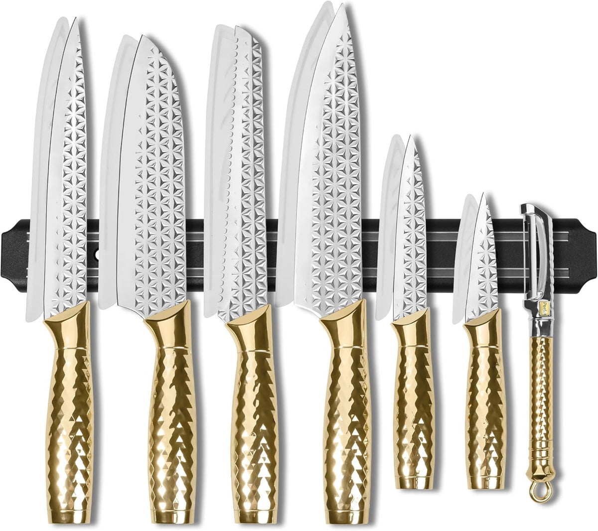Kitchen Knife Set 14 Pcs with Magnet Holder, Strong Magnetic Knife Strip for Wall, Knives Block Set with Sheath, Chef Knives and Santoku Knives, Stainless Steel Blade, Dishwasher Safe -Silver