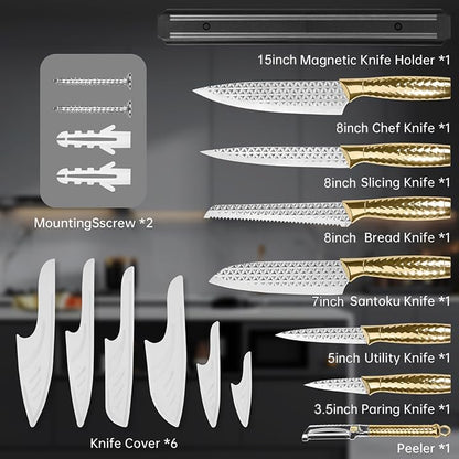 Kitchen Knife Set 14 Pcs with Magnet Holder, Strong Magnetic Knife Strip for Wall, Knives Block Set with Sheath, Chef Knives and Santoku Knives, Stainless Steel Blade, Dishwasher Safe -Silver
