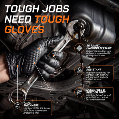 10 Mil HEAVY DUTY Nitrile Gloves Latex Free Rubber Disposable Gloves with Diamond Textured Mechanic BBQ Cooking Gloves