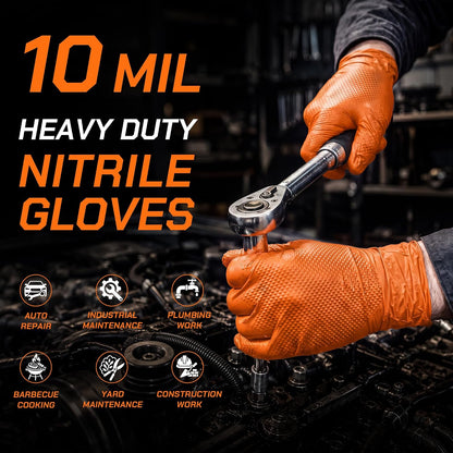 10 Mil HEAVY DUTY Nitrile Gloves Latex Free Rubber Disposable Gloves with Diamond Textured Mechanic BBQ Cooking Gloves