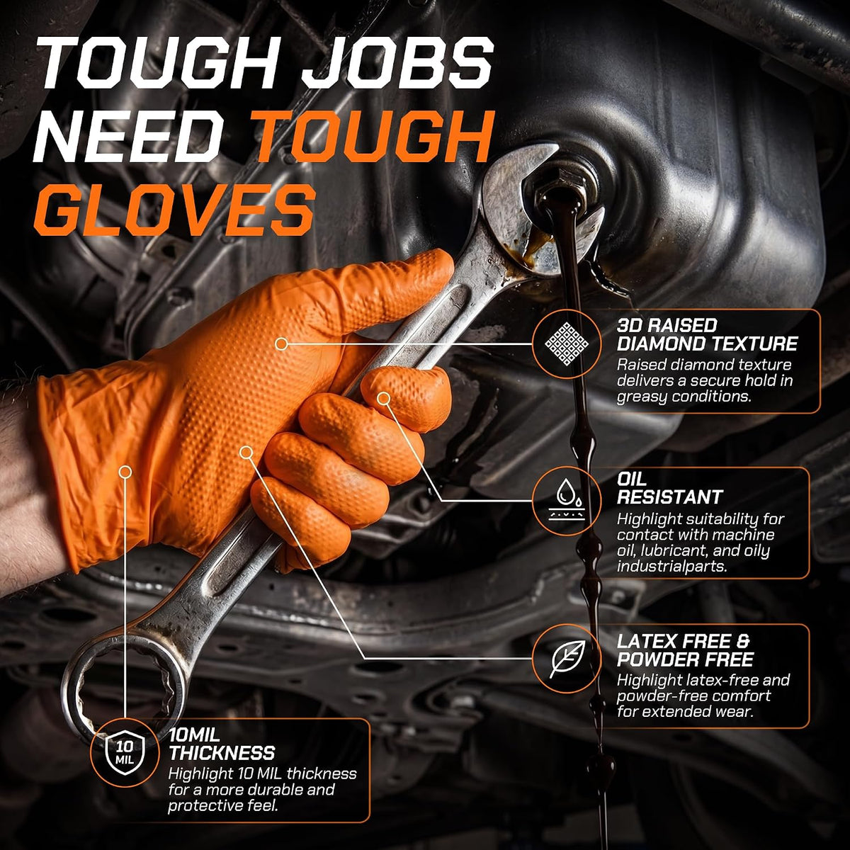 10 Mil HEAVY DUTY Nitrile Gloves Latex Free Rubber Disposable Gloves with Diamond Textured Mechanic BBQ Cooking Gloves