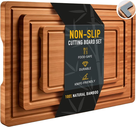 3 Pack Non Toxic Bamboo Cutting Board Set for Kitchen with Non Slip Feet | Safe Wood Cutting Boards Solid Wooden Chopping Board Butcher Block Large Cheese Charcuterie Board Tablas Para Picar Cocina