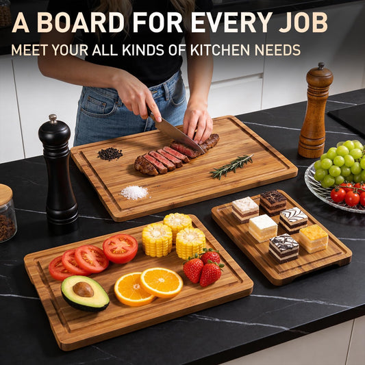 3 Pack Non Toxic Bamboo Cutting Board Set for Kitchen with Non Slip Feet | Safe Wood Cutting Boards Solid Wooden Chopping Board Butcher Block Large Cheese Charcuterie Board Tablas Para Picar Cocina