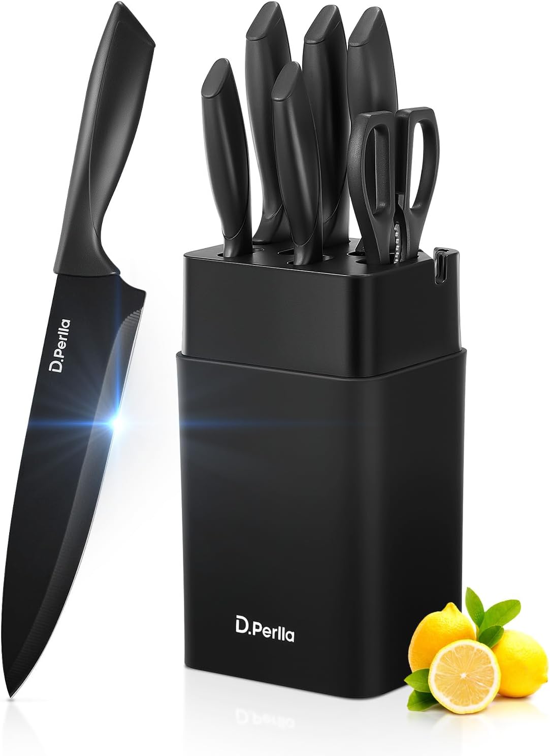 Knife Set, 8-Piece Kitchen Knife Set with Built-in Sharpener, Dishwasher Safe Non-stick & Non Rust, Black Coating Stainless Steel Knife Block Set, Sharp Chef Knives with Universal Knife Block