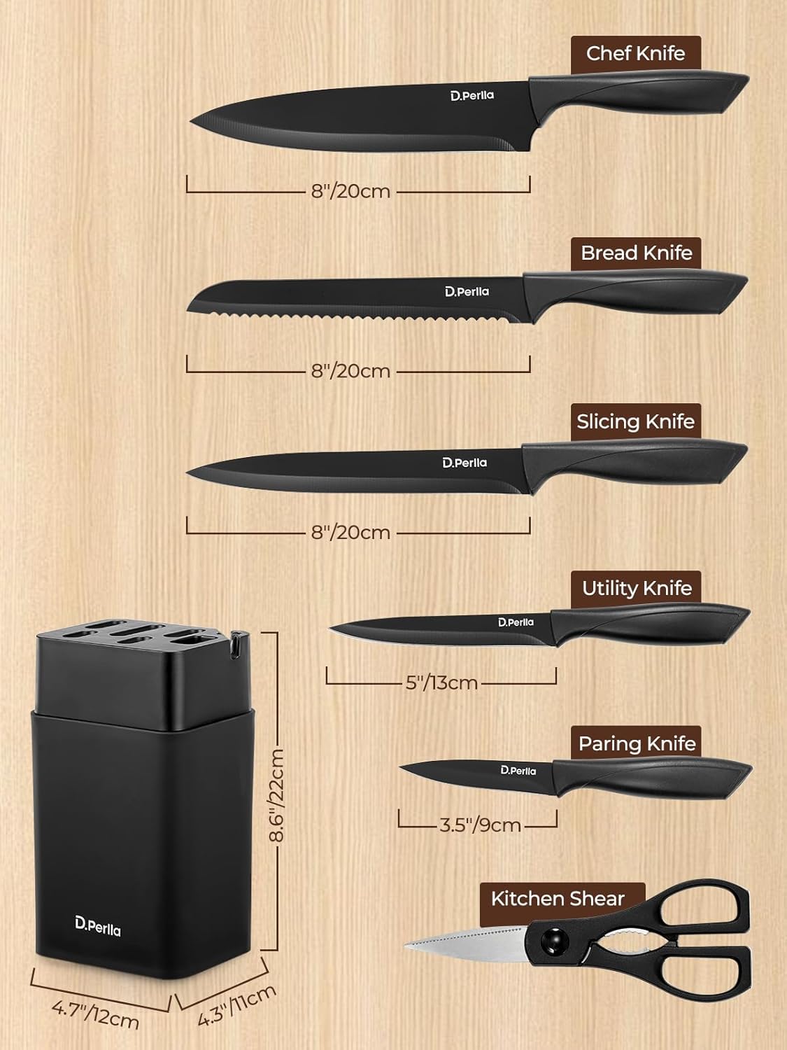 Knife Set, 8-Piece Kitchen Knife Set with Built-in Sharpener, Dishwasher Safe Non-stick & Non Rust, Black Coating Stainless Steel Knife Block Set, Sharp Chef Knives with Universal Knife Block