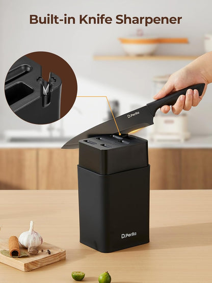 Knife Set, 8-Piece Kitchen Knife Set with Built-in Sharpener, Dishwasher Safe Non-stick & Non Rust, Black Coating Stainless Steel Knife Block Set, Sharp Chef Knives with Universal Knife Block