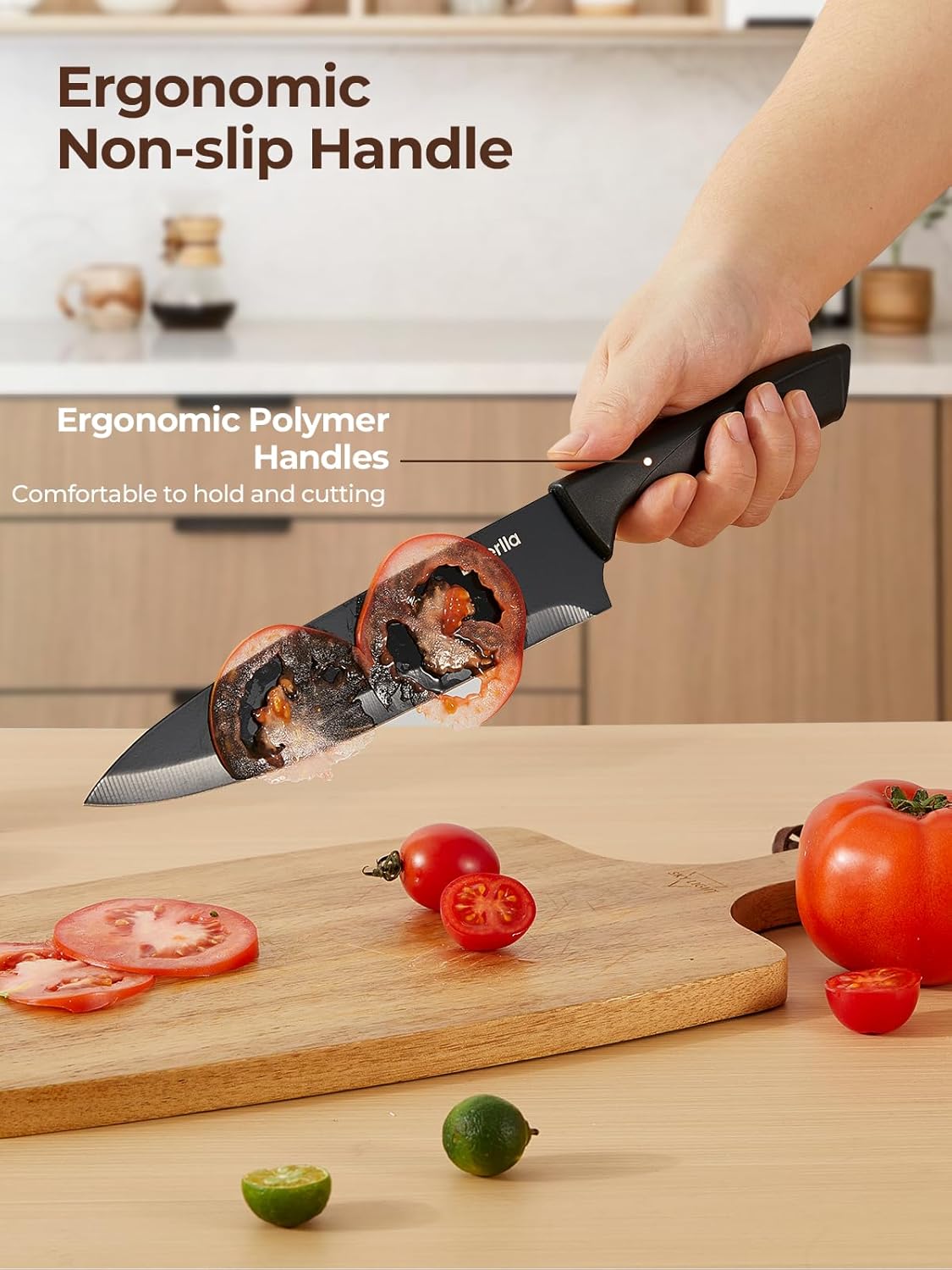 Knife Set, 8-Piece Kitchen Knife Set with Built-in Sharpener, Dishwasher Safe Non-stick & Non Rust, Black Coating Stainless Steel Knife Block Set, Sharp Chef Knives with Universal Knife Block