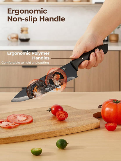 Knife Set, 8-Piece Kitchen Knife Set with Built-in Sharpener, Dishwasher Safe Non-stick & Non Rust, Black Coating Stainless Steel Knife Block Set, Sharp Chef Knives with Universal Knife Block