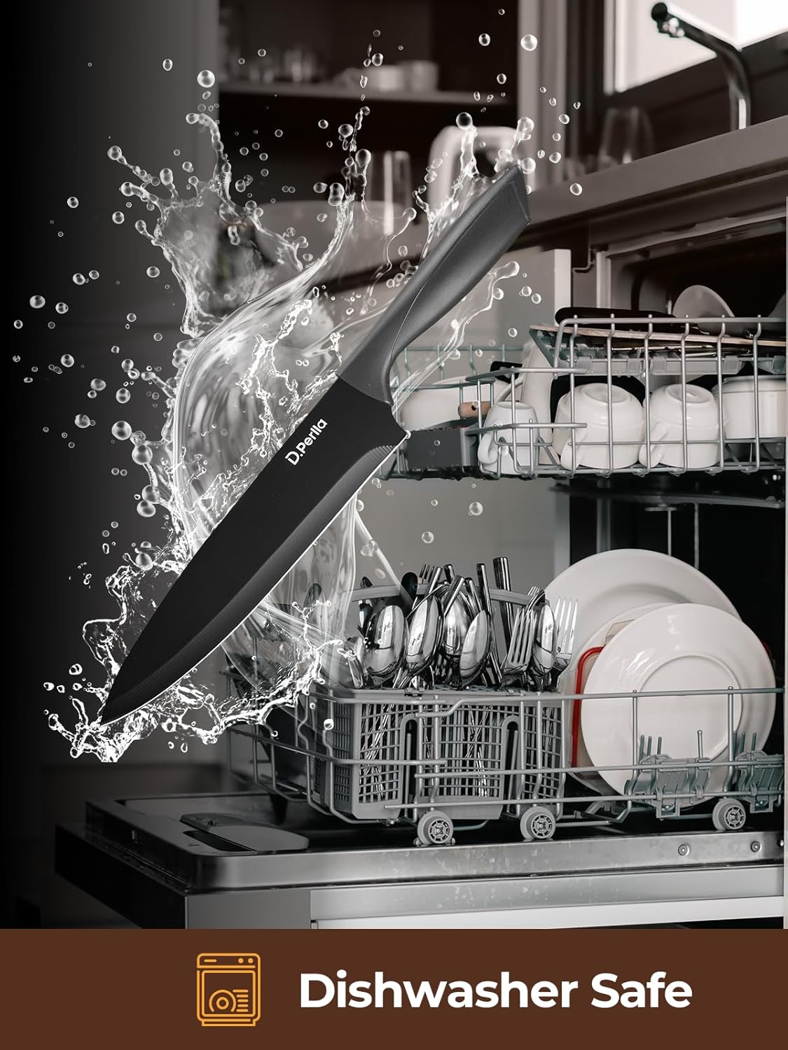 Knife Set, 8-Piece Kitchen Knife Set with Built-in Sharpener, Dishwasher Safe Non-stick & Non Rust, Black Coating Stainless Steel Knife Block Set, Sharp Chef Knives with Universal Knife Block