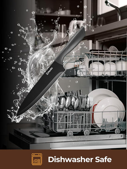 Knife Set, 8-Piece Kitchen Knife Set with Built-in Sharpener, Dishwasher Safe Non-stick & Non Rust, Black Coating Stainless Steel Knife Block Set, Sharp Chef Knives with Universal Knife Block