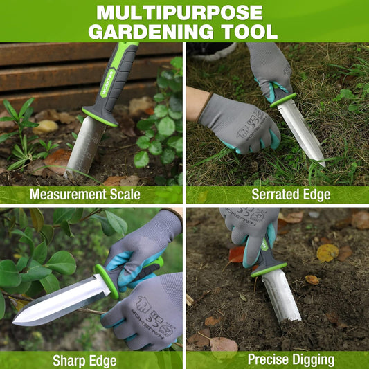 Hori Hori Garden Knife, Garden Tools with Oxford Sheath | 7" Stainless Steel Blade with Cutting Edge, Ergonomic TRP Handle with Hanging Hole, for Weeding, Planting, Digging, Green