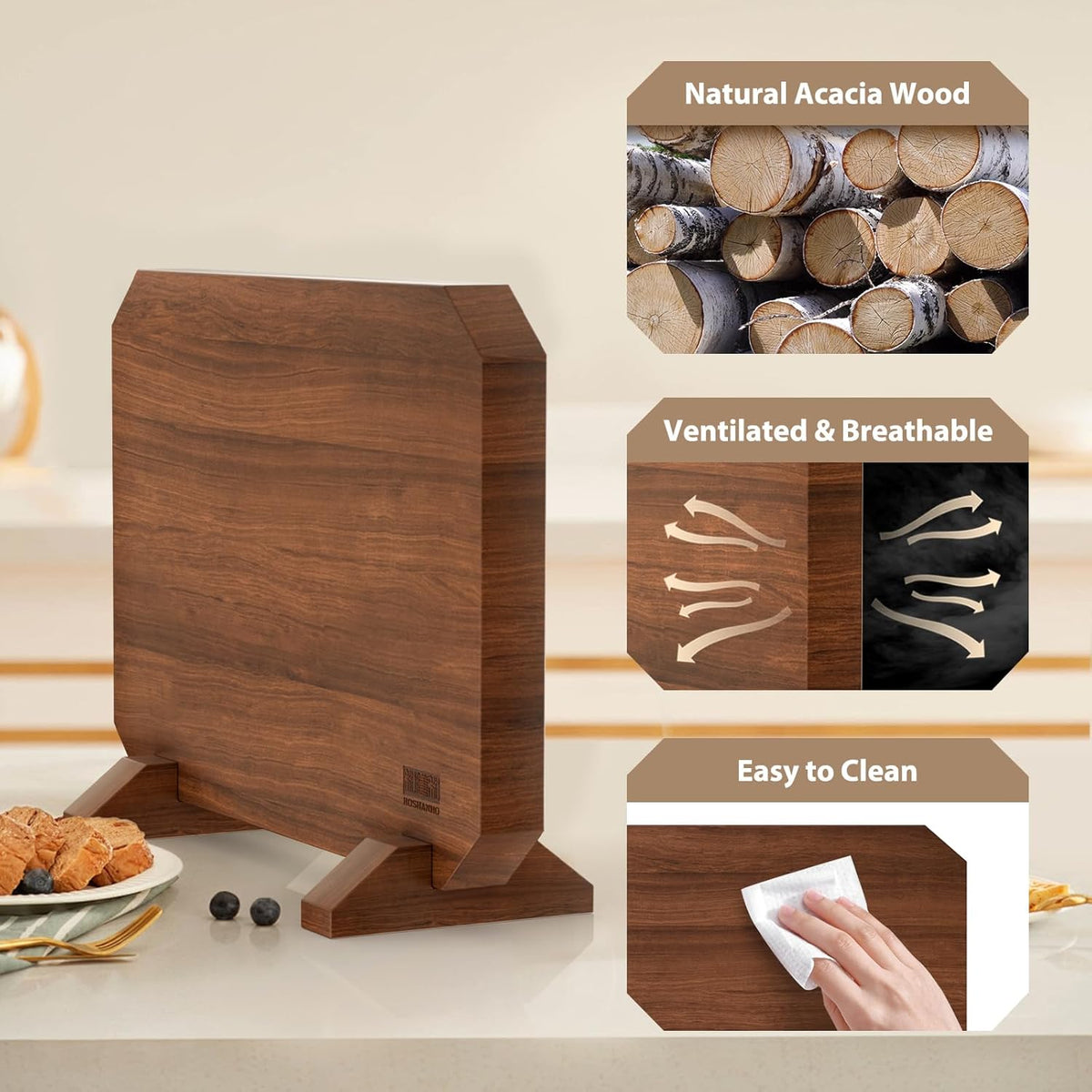 Magnetic Knife Block, Thickened Acacia Wood Kitchen Knife Holder