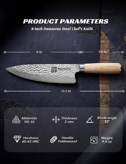 Damascus Japanese Chef Knife 8 in,VG-10 Forged High Carbon Steel
