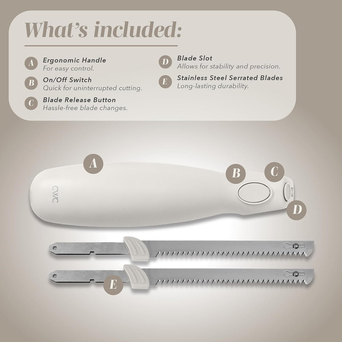 Electric Knife, 100W Power, Dual Stainless Steel Blades for Precise Cutting, Ergonomic Handle, Low Noise and Vibration, Ideal for Bread, Meat, and Vegetables, Cream