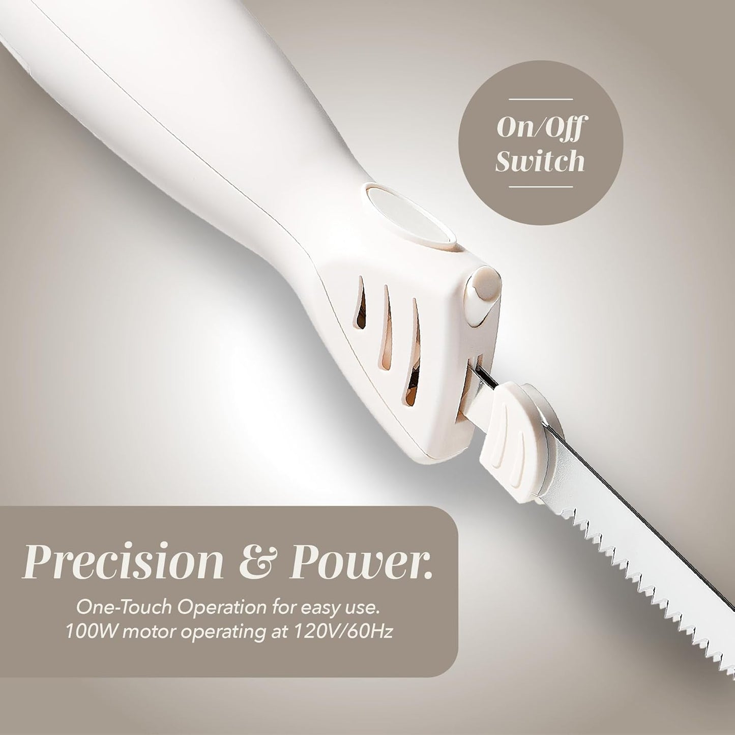 Electric Knife, 100W Power, Dual Stainless Steel Blades for Precise Cutting, Ergonomic Handle, Low Noise and Vibration, Ideal for Bread, Meat, and Vegetables, Cream