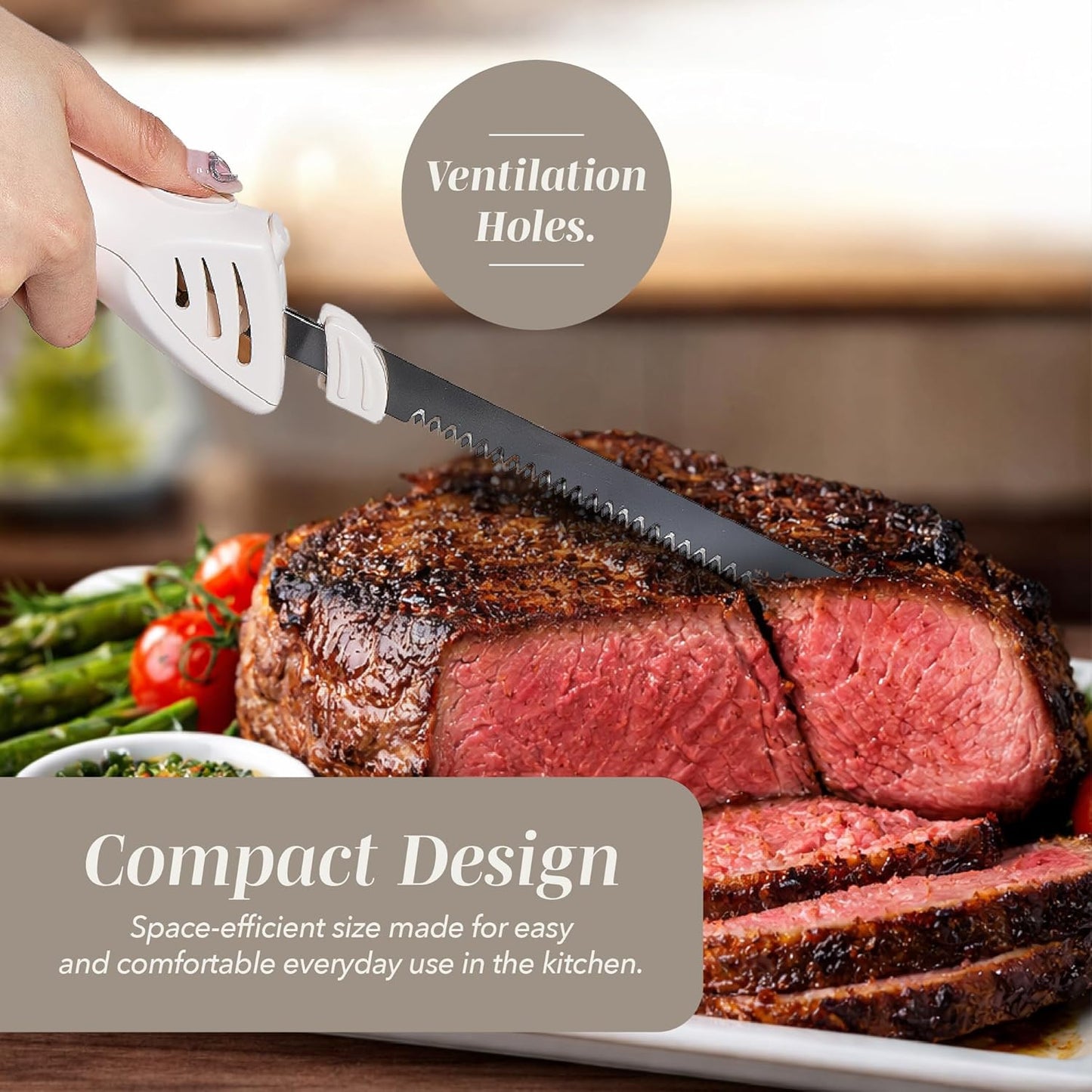 Electric Knife, 100W Power, Dual Stainless Steel Blades for Precise Cutting, Ergonomic Handle, Low Noise and Vibration, Ideal for Bread, Meat, and Vegetables, Cream