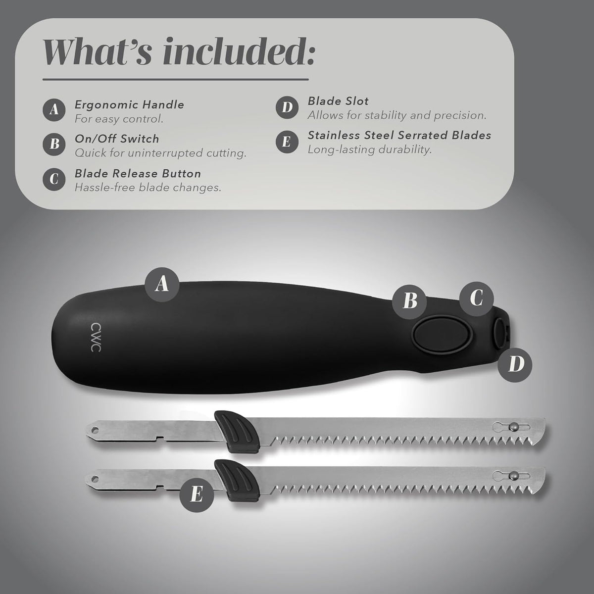 Electric Knife, 100W Power, Dual Stainless Steel Blades for Precise Cutting, Ergonomic Handle, Low Noise and Vibration, Ideal for Bread, Meat, and Vegetables, Cream