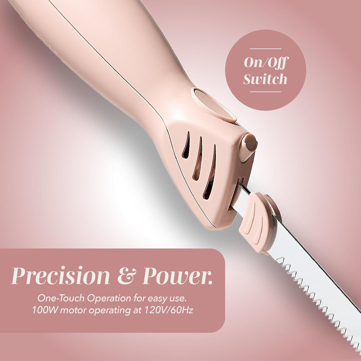 Electric Knife, 100W Power, Dual Stainless Steel Blades for Precise Cutting, Ergonomic Handle, Low Noise and Vibration, Ideal for Bread, Meat, and Vegetables, Cream