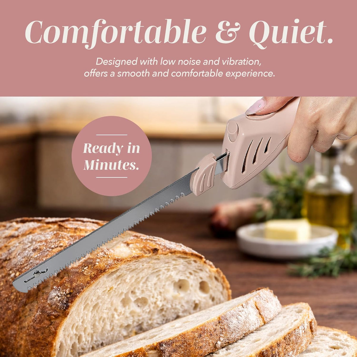 Electric Knife, 100W Power, Dual Stainless Steel Blades for Precise Cutting, Ergonomic Handle, Low Noise and Vibration, Ideal for Bread, Meat, and Vegetables, Cream