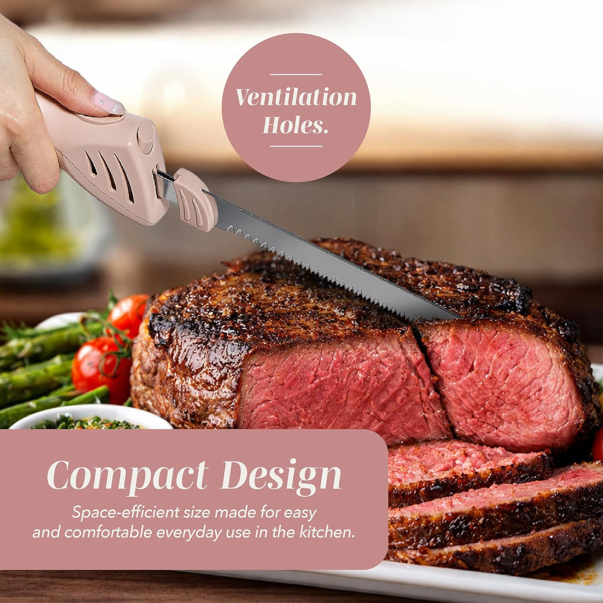Electric Knife, 100W Power, Dual Stainless Steel Blades for Precise Cutting, Ergonomic Handle, Low Noise and Vibration, Ideal for Bread, Meat, and Vegetables, Cream