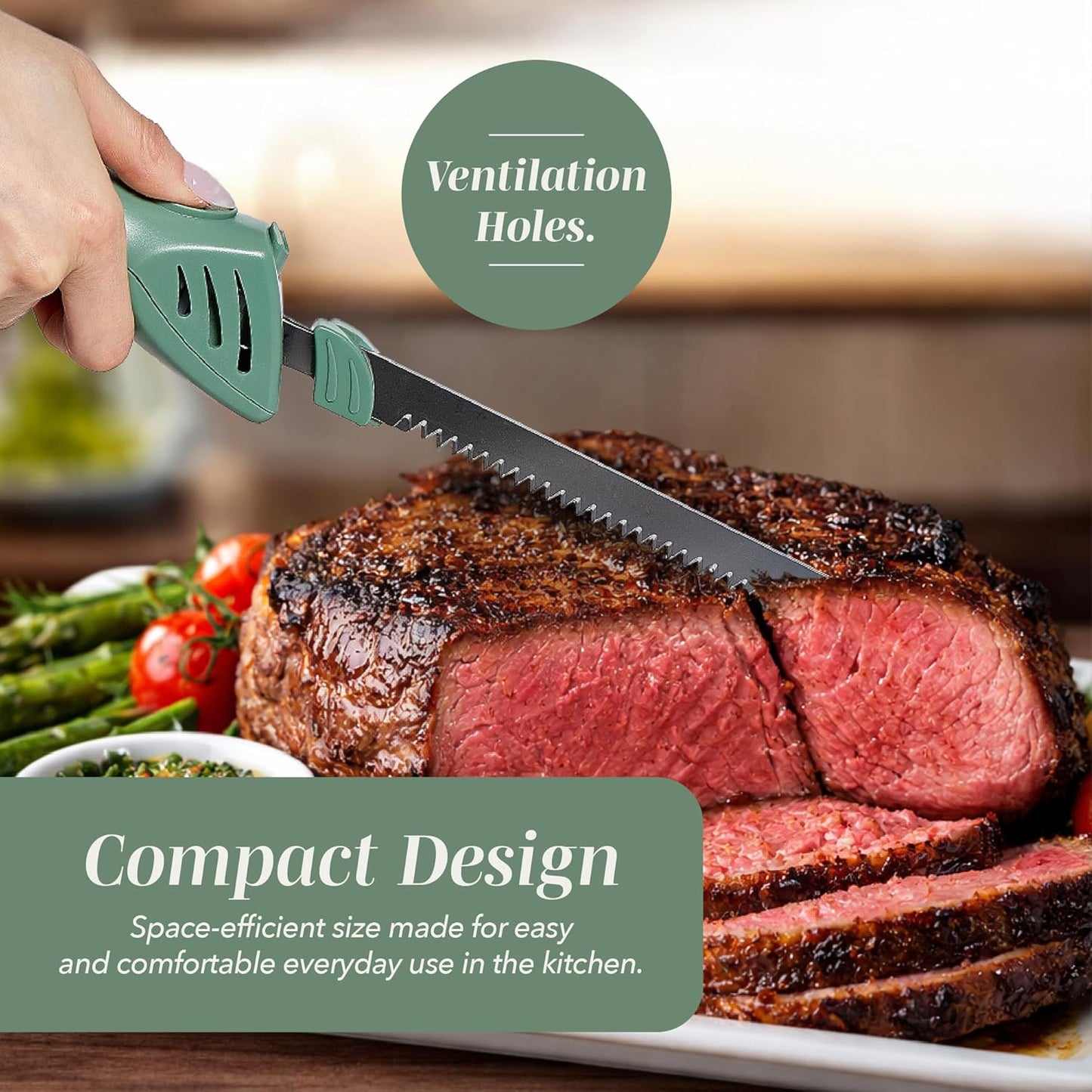 Electric Knife, 100W Power, Dual Stainless Steel Blades for Precise Cutting, Ergonomic Handle, Low Noise and Vibration, Ideal for Bread, Meat, and Vegetables, Cream
