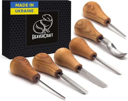 Wood Carving Gouges Kit SC05 - Wood Carving Chisels Set with Palm Gouge & Flat Straight Chisel, Rounded Short Bent, V-chisels - Whittling Knives, Tools for Beginners and Profi Carvers