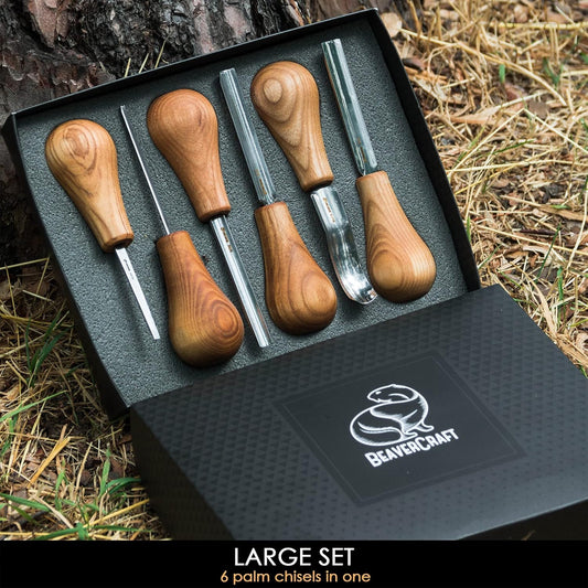 Wood Carving Gouges Kit SC05 - Wood Carving Chisels Set with Palm Gouge & Flat Straight Chisel, Rounded Short Bent, V-chisels - Whittling Knives, Tools for Beginners and Profi Carvers