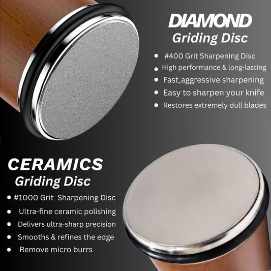 Rolling Knife Sharpener with Diamond & Ceramic Discs – 15° & 20° Strong Magnetic Angle &, Leather Strop, Finger Guard – Professional Manual Knife Sharpening Kit for Kitchen & Chef Knives.
