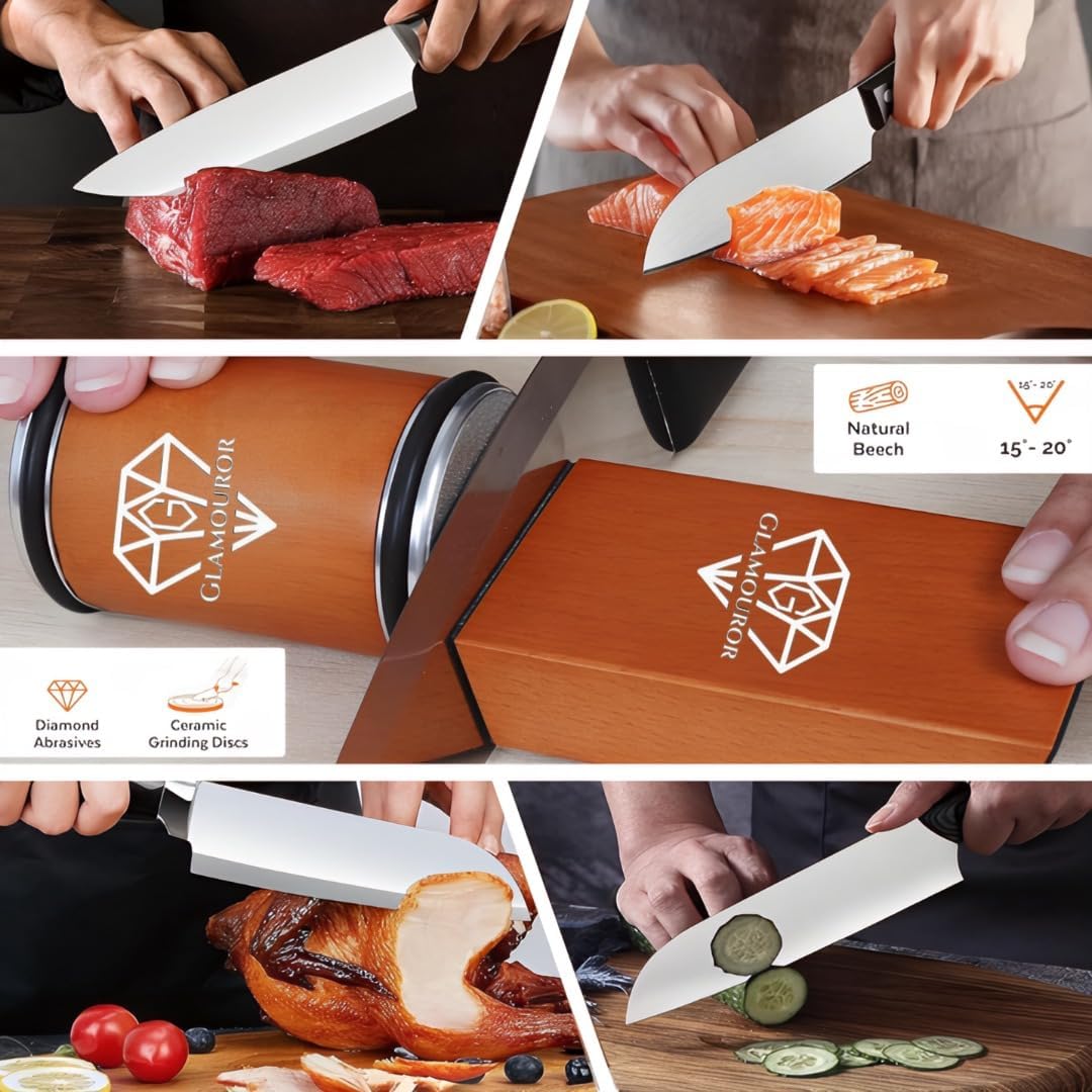 Rolling Knife Sharpener with Diamond & Ceramic Discs – 15° & 20° Strong Magnetic Angle &, Leather Strop, Finger Guard – Professional Manual Knife Sharpening Kit for Kitchen & Chef Knives.