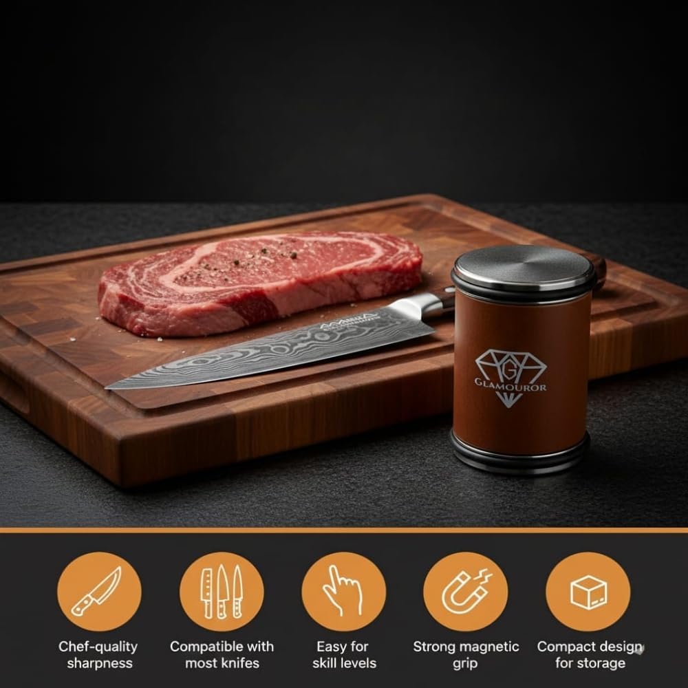 Rolling Knife Sharpener with Diamond & Ceramic Discs – 15° & 20° Strong Magnetic Angle &, Leather Strop, Finger Guard – Professional Manual Knife Sharpening Kit for Kitchen & Chef Knives.