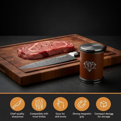 Rolling Knife Sharpener with Diamond & Ceramic Discs – 15° & 20° Strong Magnetic Angle &, Leather Strop, Finger Guard – Professional Manual Knife Sharpening Kit for Kitchen & Chef Knives.