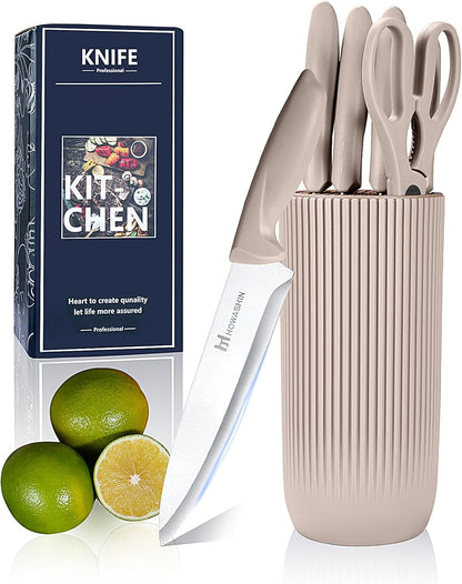 Khaki Kitchen Knife Set Professional Stainless Steel, 6 Pcs Knives for Kitchen with Universal Knife Block - Non-Stick Sharp Blade Chef Knife Set with Cylindrical Knife Block for Gift.