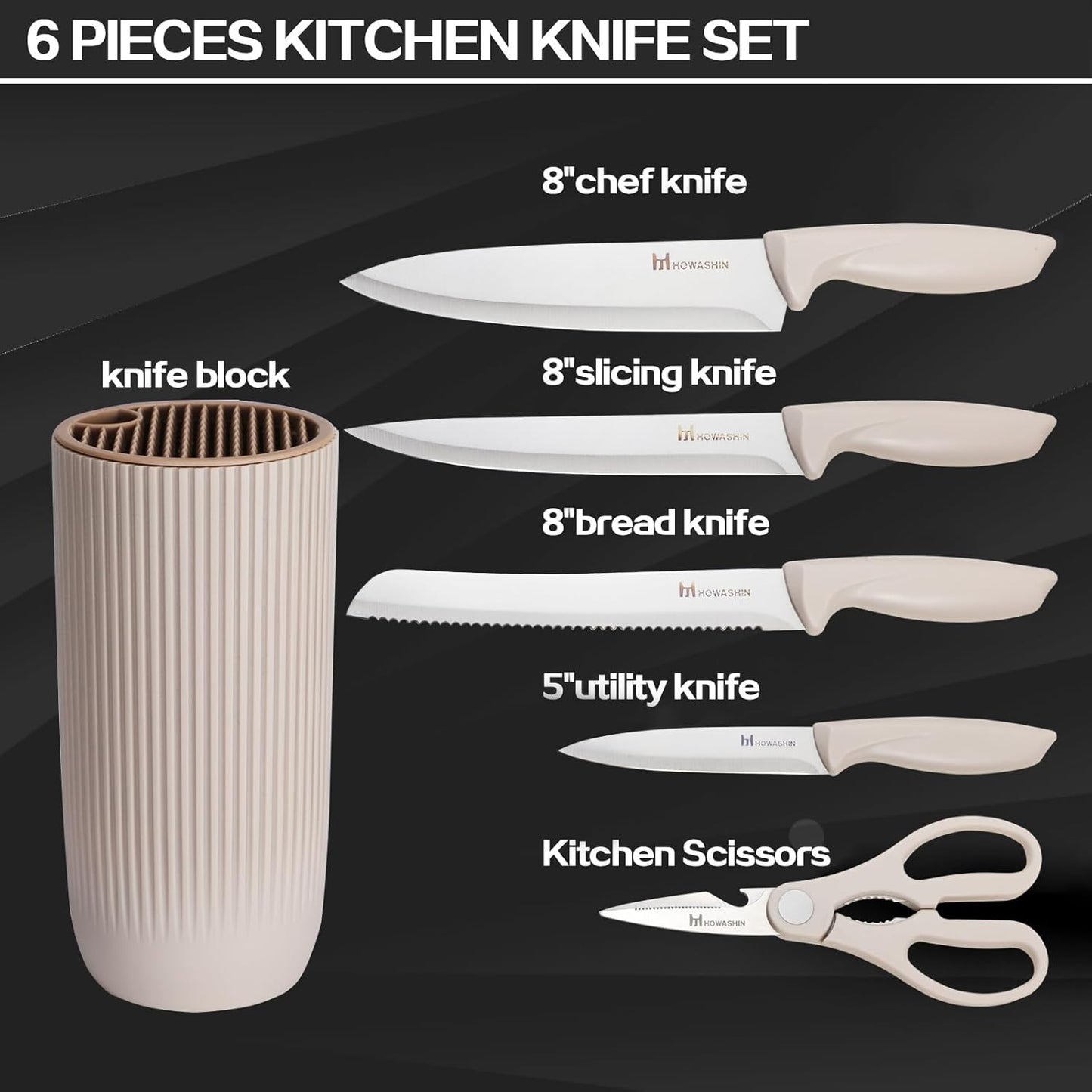 Khaki Kitchen Knife Set Professional Stainless Steel, 6 Pcs Knives for Kitchen with Universal Knife Block - Non-Stick Sharp Blade Chef Knife Set with Cylindrical Knife Block for Gift.