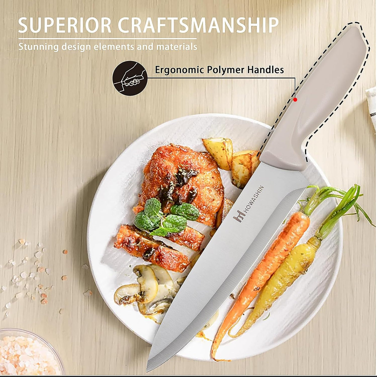 Khaki Kitchen Knife Set Professional Stainless Steel, 6 Pcs Knives for Kitchen with Universal Knife Block - Non-Stick Sharp Blade Chef Knife Set with Cylindrical Knife Block for Gift.