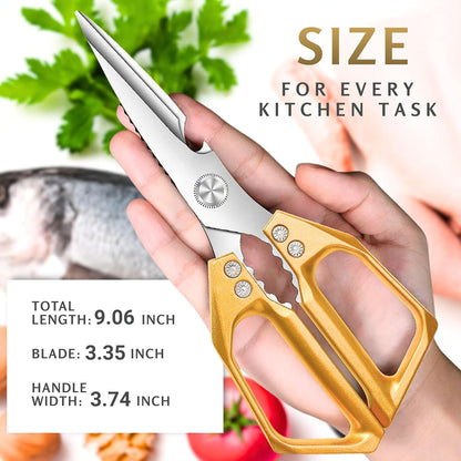 Gold Kitchen Scissors Heavy Duty – 8.9" Stainless Steel Shears for Food Scissors Heavy Duty Multi-Purpose for Meat Chicken Fish Kitchen Tool Gold Shears