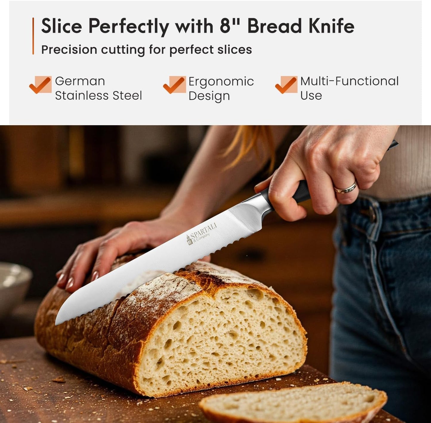 8-Inch Bread Knife – Serrated High Carbon German Stainless Steel Blade for Bread, Bagels & Pastries – Ergonomic Handle, Rust-Resistant, Ultra-Sharp Edge – Ideal for Home Bakers and Chefs.